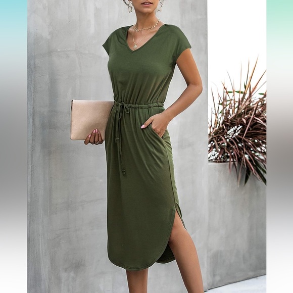NWT! V-Neck Split-Side Drawstring Midi Dress - Picture 7 of 10